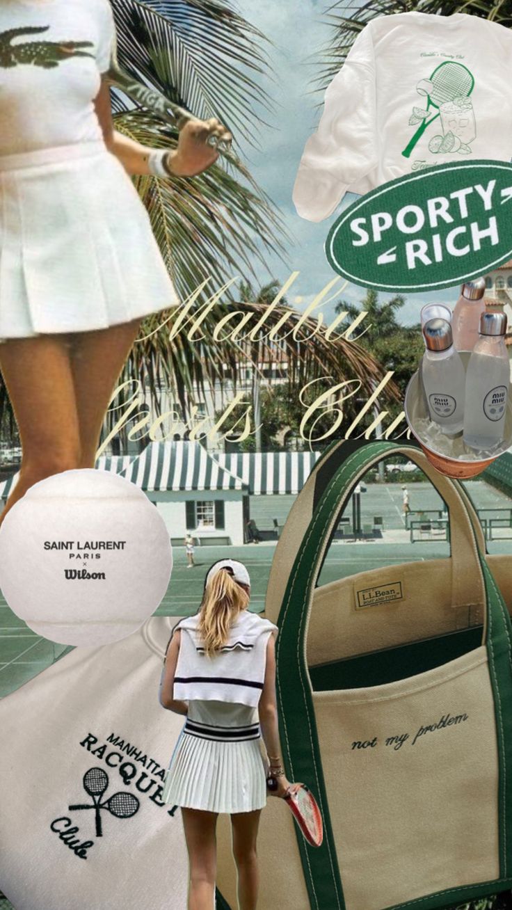 a collage of sports items including a tennis bag and an advertisement for sport - rich