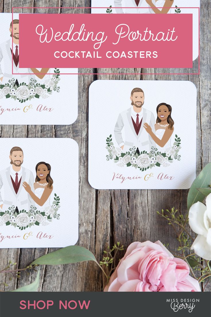 wedding portrait coasters with flowers and greenery