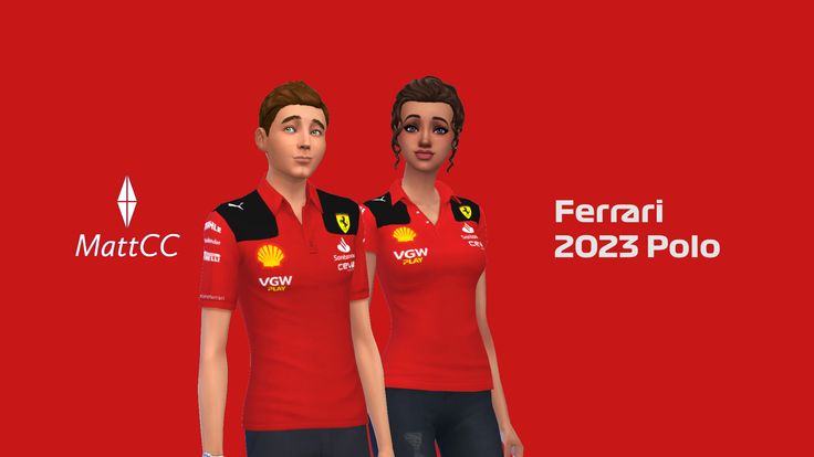 two people in red shirts standing next to each other with the caption ferrari 205 polo