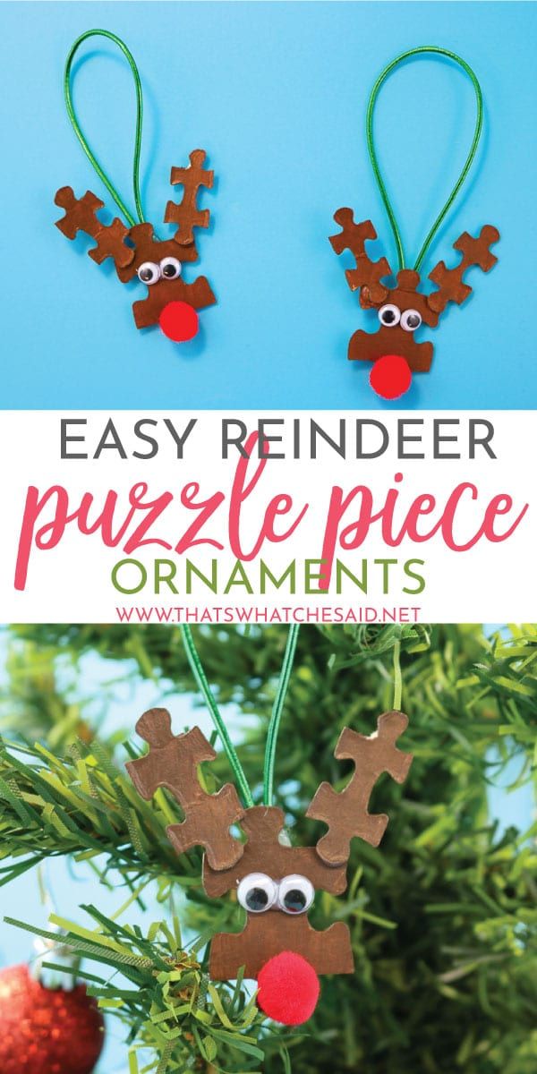 an easy reindeer ornament is hanging from a christmas tree with the words easy reindeer puzzle piece ornaments