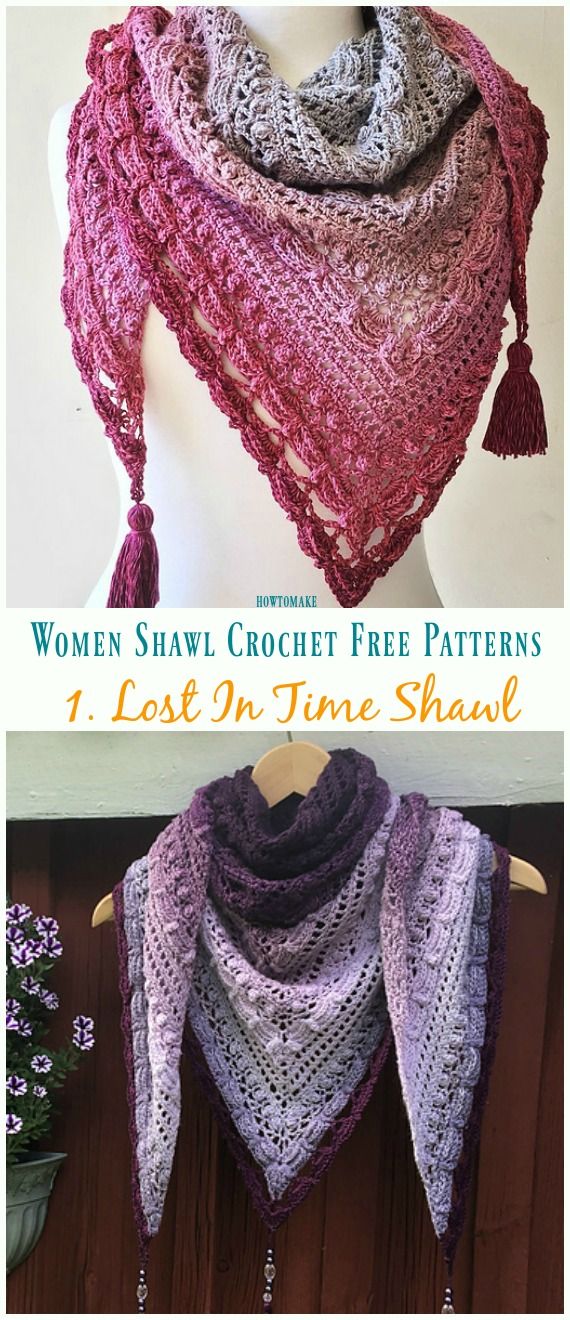 two pictures of different crocheted shawls with text that reads, women shawl crochet free patterns 1 lost in time shawl