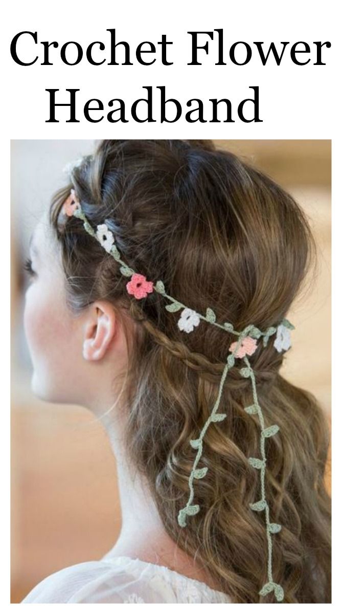 a woman wearing a flower headband with flowers on it and text that reads, crochet flower headband