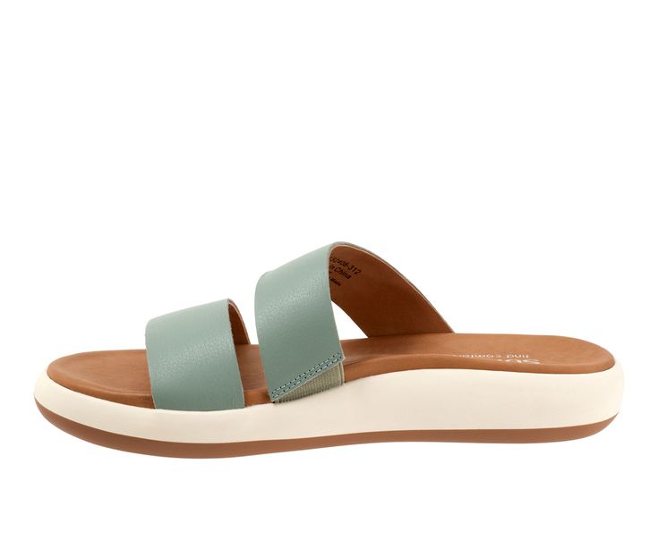 The Jenna is a slide on sandal with dual upper bands. It has a soft cushion footbed for your everyday use. Leather upper, Slip on for easy entry,1.25\ sole height, Round open toe, Molded Dual Density PU footbed, Rubber outsole | Women's Softwalk Jenna Sandals in Sage Size 11 Sandals Brands, Slide On, Density, Open Toe, Womens Sandals, Slides, Leather Upper, Slip On, Size 7