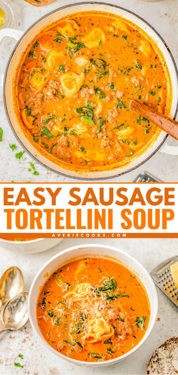 Indulge in the warmth and coziness of this EASY Italian sausage tortellini soup that's made in one pot and ready in 30 MINUTES! Made with cheesy tortellini, juicy sausage, carrots and kale for extra nutrients, and a rich and creamy tomato sauce broth! This comfort food soup recipe is perfect for chilly weather and you can make it on busy weeknights because it's so QUICK! Creamy Tomato Sausage Tortellini Soup, Sausage Tomato Tortellini Soup, Stove Top Sausage Tortellini Soup, Soup Smoked Sausage, Tomato Sausage Soup, Tortellini Soup Easy, Creamy Tortellini Soup With Sausage, Tortellini Soup Recipes, Tortellini Soup With Italian Sausage