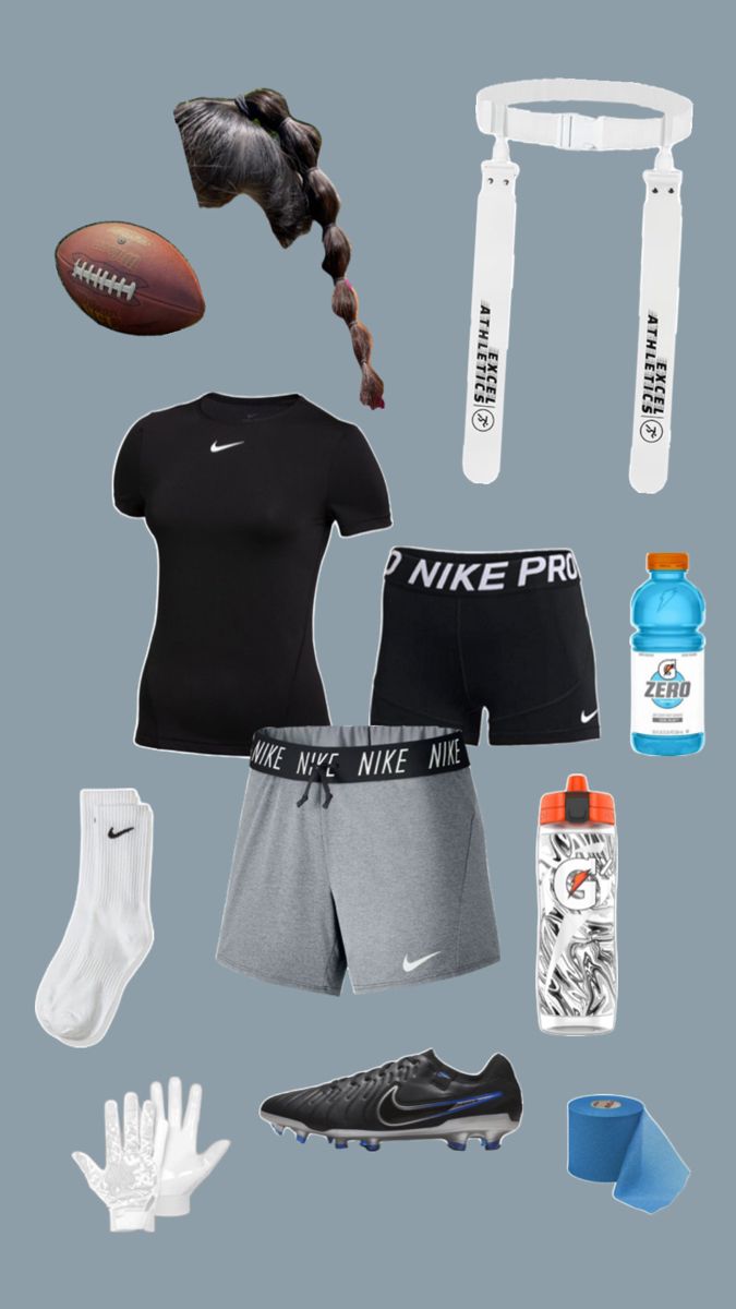 an assortment of sports gear including running shoes, water bottle and nike bras on a gray background