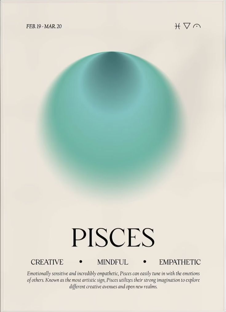 a poster with the words pisces and an image of a blue ball on it