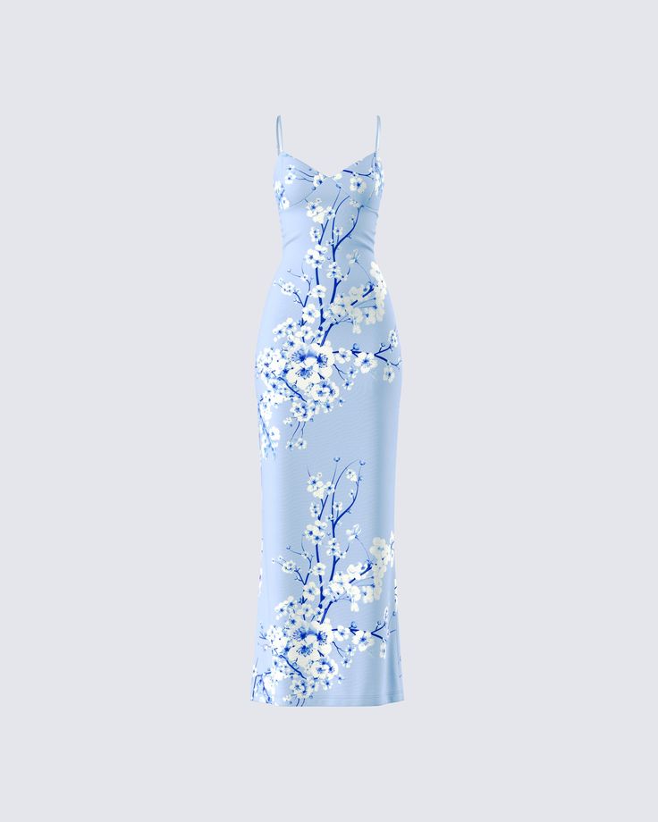 Watch yourself blossom in this blue floral print maxi dress 💙 Crafted from stretch jersey, this gorgeous piece features adjustable straps and a bodycon fit, creating an elegant and eye catching look ✨ Floral Print Bodycon Maxi Dress, Light Blue Floral Print Dress With Spaghetti Straps, Light Blue Floral Dress With Spaghetti Straps, Bodycon Floral Print Maxi Dress, Chic Floral Print Bodycon Maxi Dress, Chic Bodycon Floral Print Maxi Dress, Bodycon Maxi Dress For Summer, Elegant Fitted Printed Maxi Dress, Elegant Floral Print Bodycon Maxi Dress