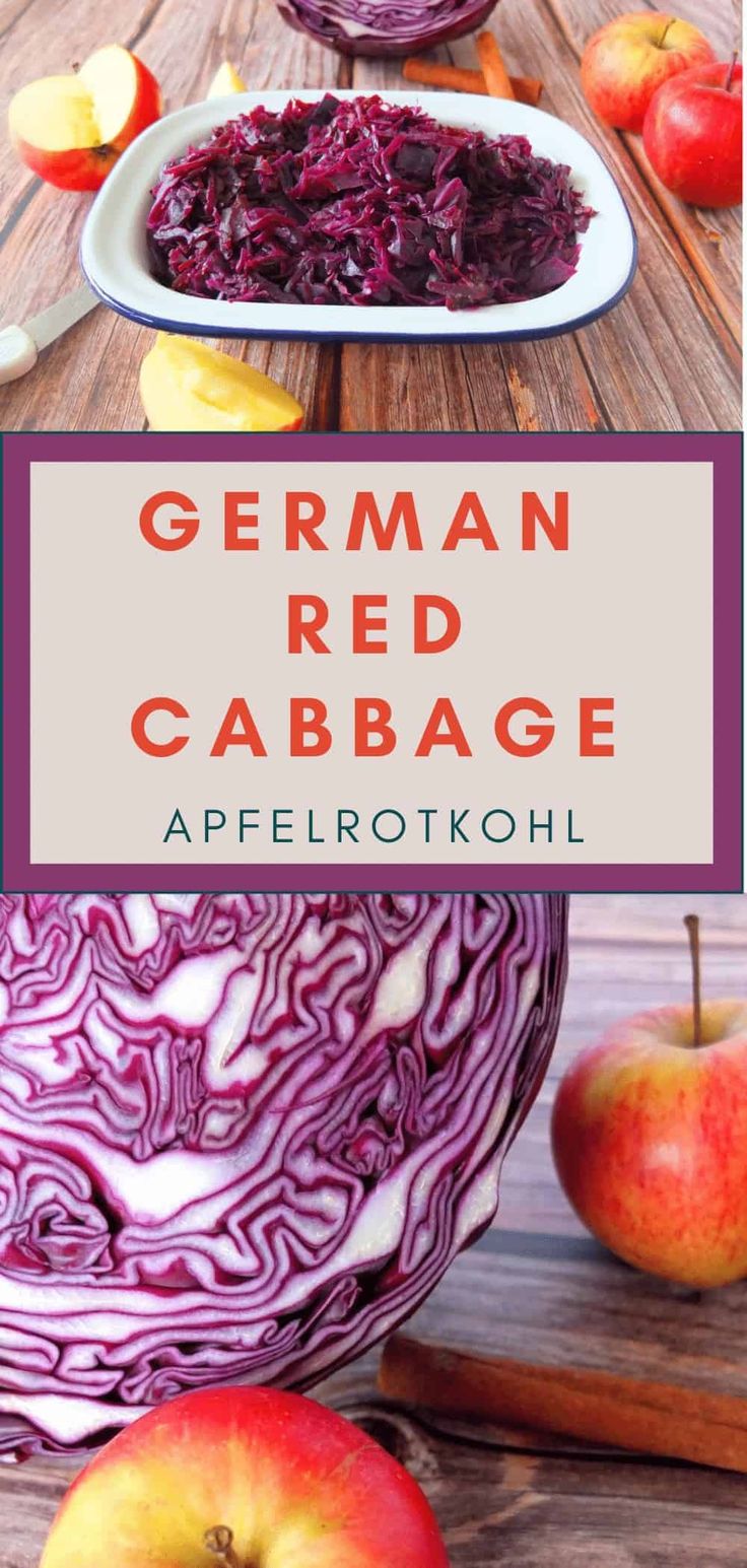 red cabbage and apples on a wooden table with the words german red cabbage above it