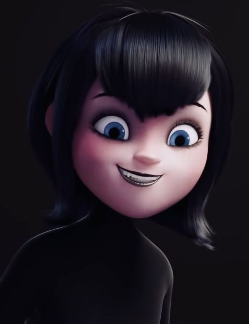 an animated character with big blue eyes and black hair, smiling at the camera while wearing a black dress