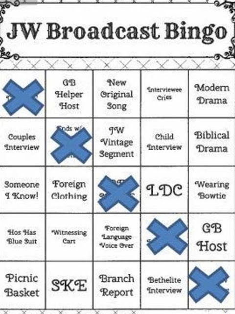 the jw broadcast bingo game is shown in blue and has four crosses on it