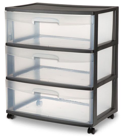 three drawers on wheels with plastic bins in the bottom and bottom, one is black