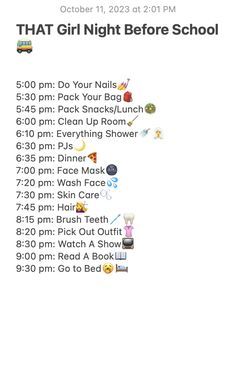 the girl night before school schedule is posted on an iphone screen, and it's time to go back to school