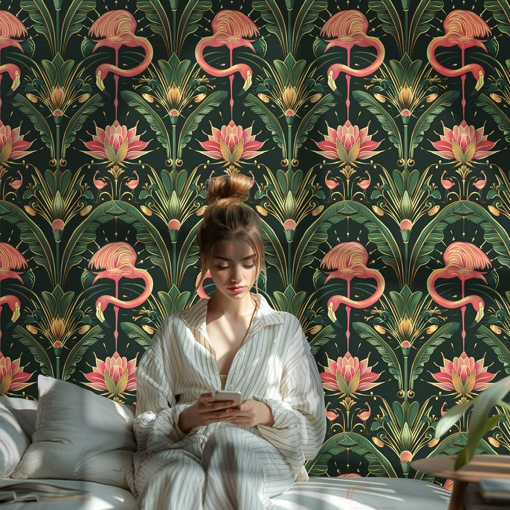 a woman sitting on top of a bed next to a wallpaper covered in pink flamingos