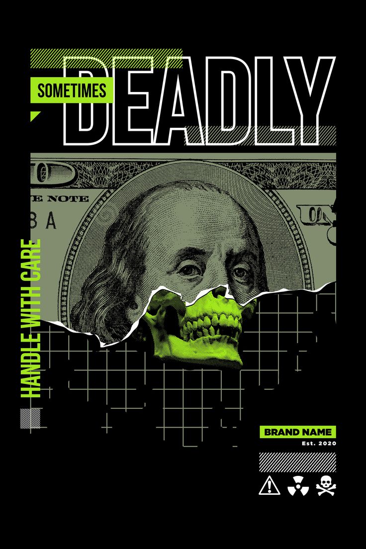 a dollar bill with the words deadly on it and a green skull in the middle