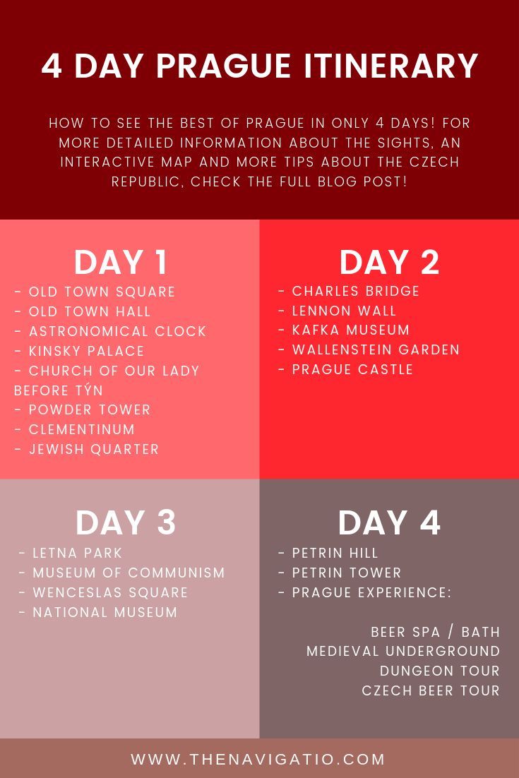 the four day prague itinerary is shown in red, grey and black colors