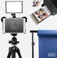 a tripod with a camera and some pictures on it next to a yoga mat