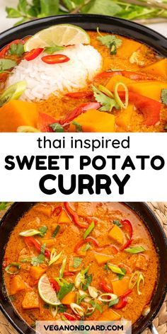 thai inspired sweet potato curry in a skillet with rice and garnishes