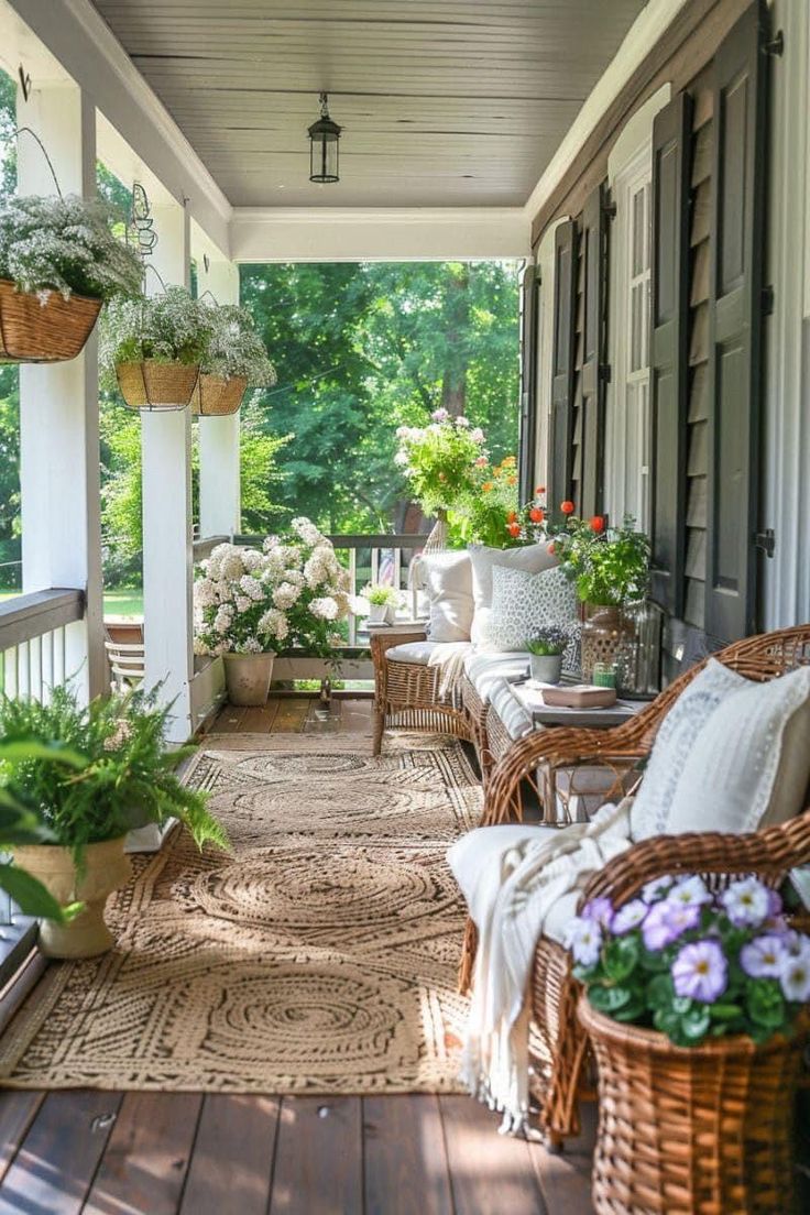 a porch with wicker furniture and flowers on it