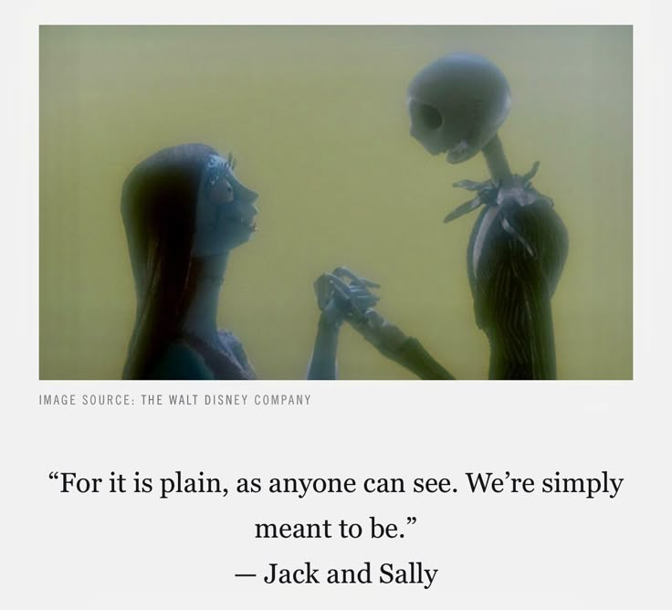 two aliens are facing each other in front of a yellow background with a quote from jack and sally