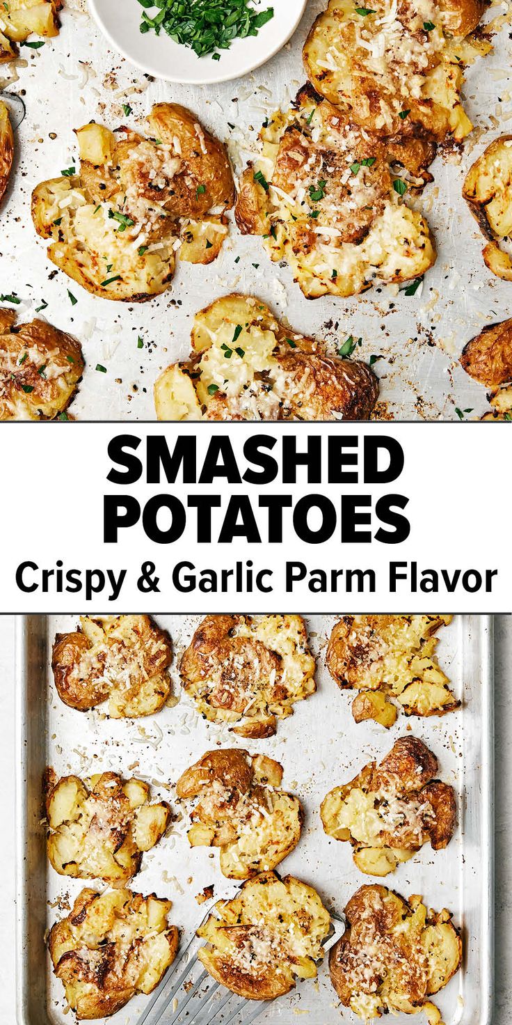 Crispy smashed potatoes with garlic parmesan Smashed Red Skin Potatoes, Smashed Potatoes Appetizer, Smash Mini Potatoes, Crispy Garlic Butter Parmesan Smashed Potatoes, Cracked Potatoes Recipe, Parmesan Garlic Smashed Potatoes, Breakfast Smashed Potatoes, Potato Smashed Baked, Crispy Parm Potatoes