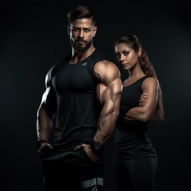 a man and woman posing for the camera in front of a dark background with their arms crossed