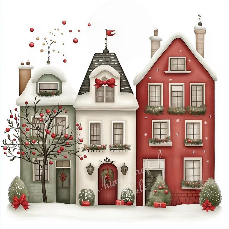 a painting of two houses with christmas decorations