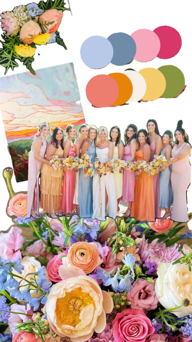 a group of women standing next to each other with flowers in front of them and color swatches