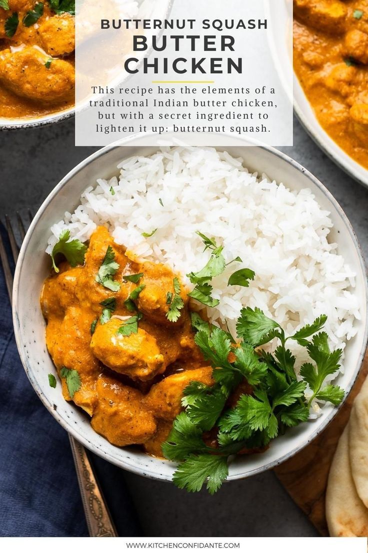 Butternut squash butter chicken in a bowl served with white rice and garnished with cilantro Butternut Squash Butter Chicken, Simple Butter Chicken, Butternut Squash Butter, Butter Squash Recipe, Butternut Recipes, Butternut Squash Curry, Butter Chicken Curry, Chicken And Butternut Squash, Indian Butter Chicken