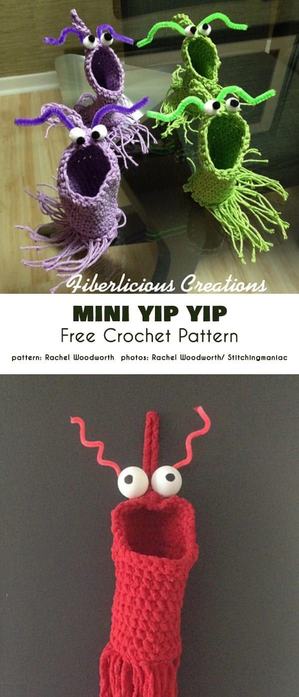 three crocheted items with googly eyes on them and the words, mini yip free crochet pattern