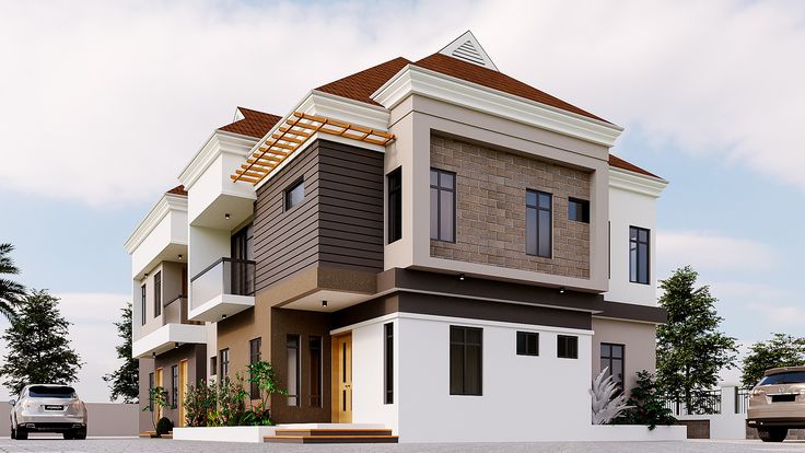 a two story house with brown and white trim