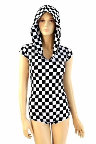 Checkered Hoodie, Hoodie Romper, Boy Cut, Black White Checkered, Boy Cuts, Edm Festival, Checkered Print, Sleeved Romper, Cap Sleeve