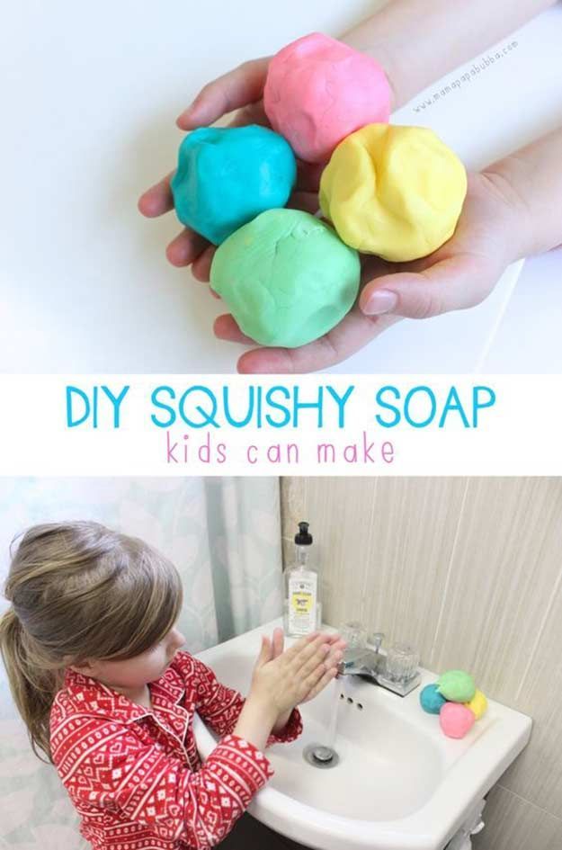 a kid washing their hands with soap in front of a sink and the words diy squishy soap kids can make