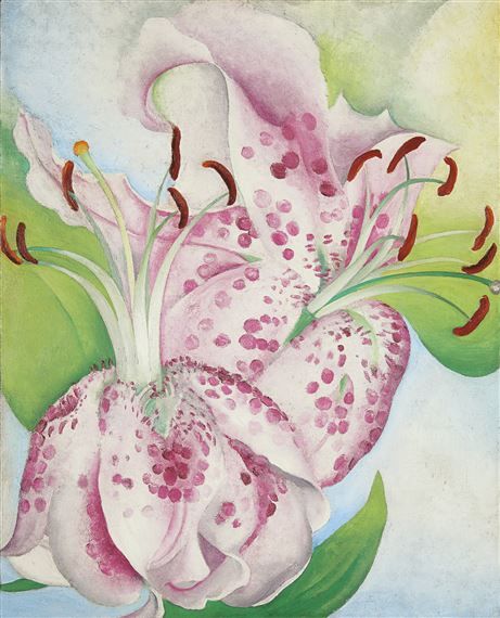 a painting of a pink flower with green leaves on the bottom and white flowers in the middle