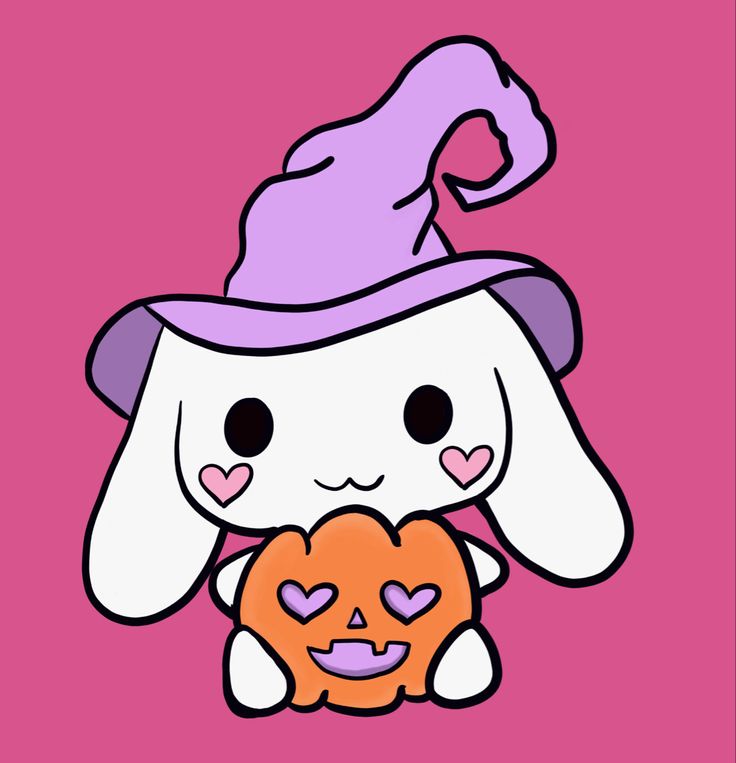 a cartoon rabbit holding a pumpkin with a purple hat on it's head,