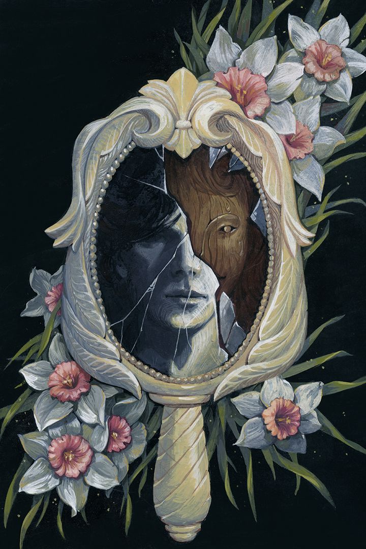 a painting of a woman's face in a mirror with flowers around her head