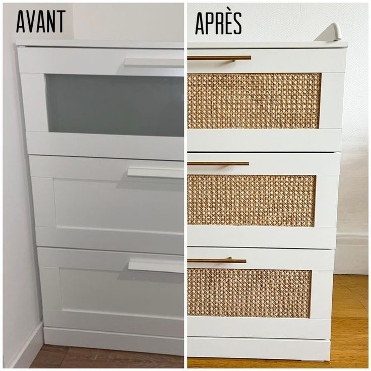 two photos side by side one with drawers and the other with wicker drawer pulls