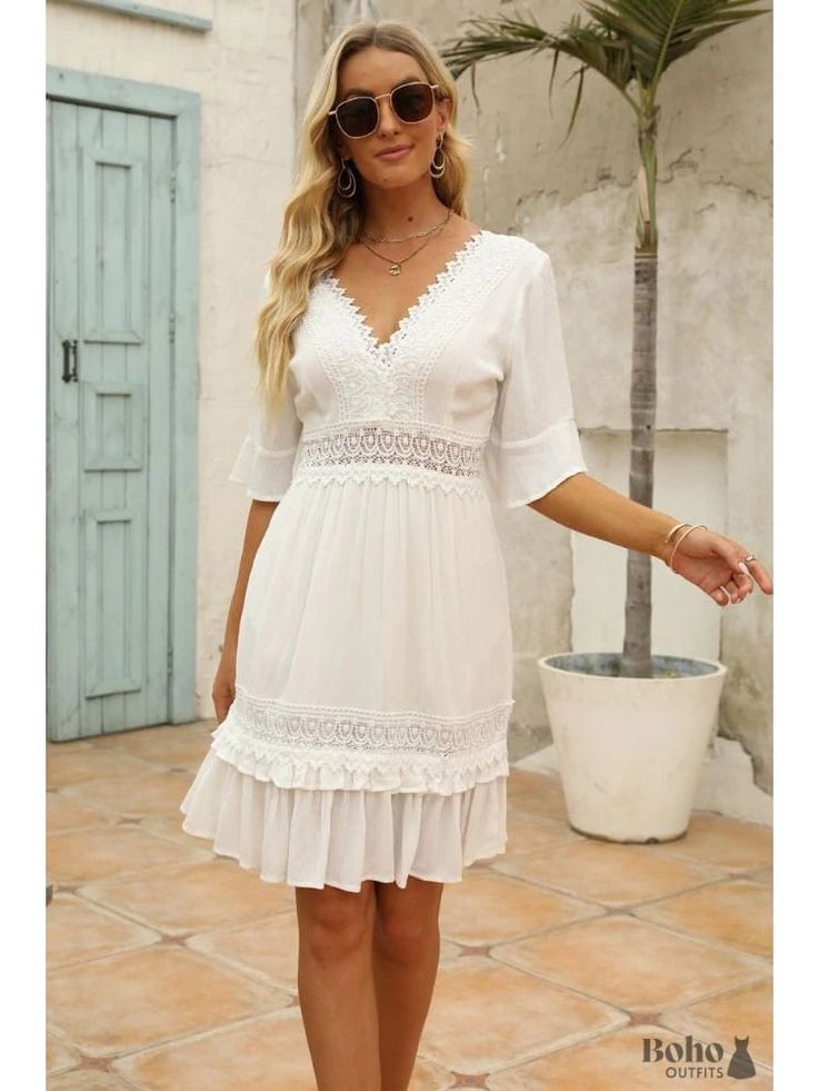 Boho White Mini Dress Teresa - S - Dresses Lace Embellishments, Short Sleeve Lace Dress, Halter Dress Short, Sleeve Lace Dress, Evening Dresses Short, Boho Mini Dress, Dresses By Length, Tube Dress, Mixing Fabrics