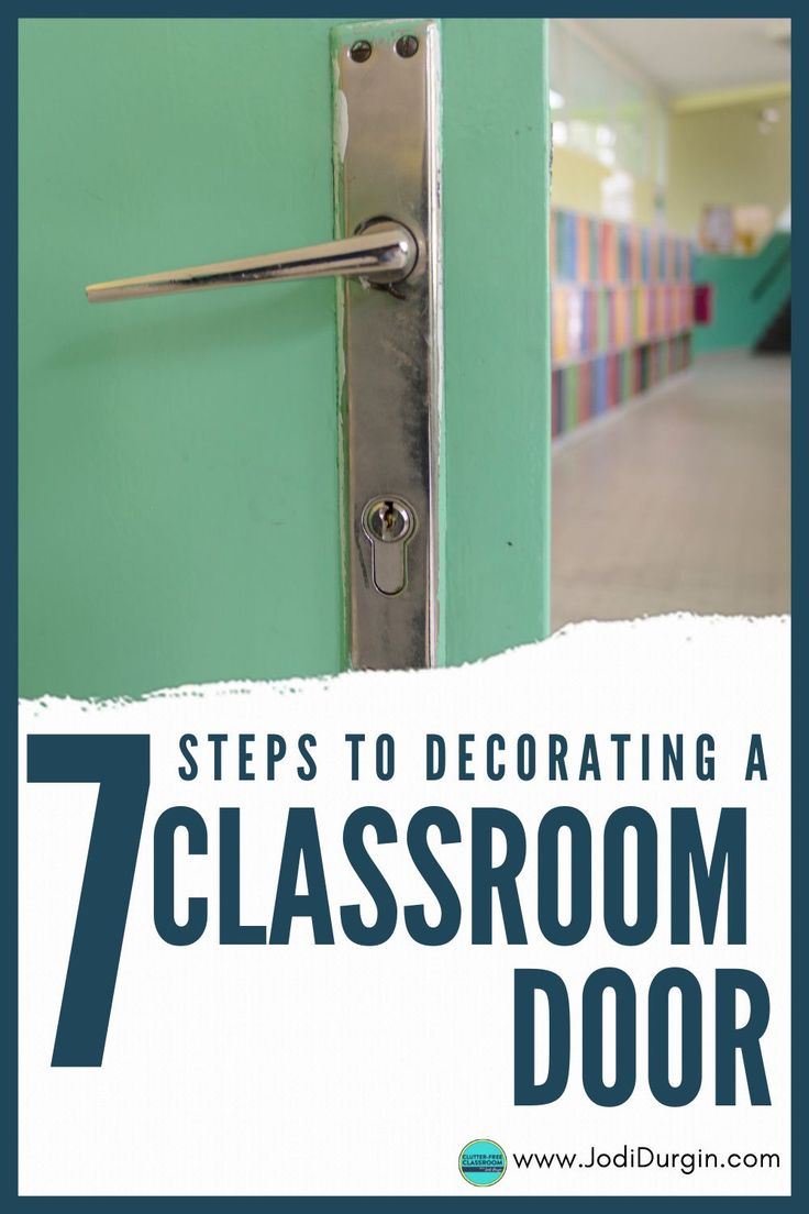 an open door with the words 7 steps to decorating a classroom door