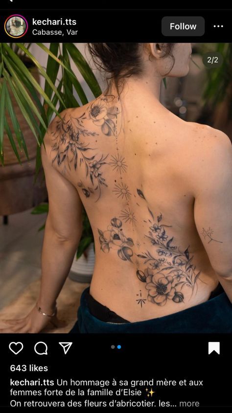 the back of a woman's body with flowers tattooed on her upper and lower back