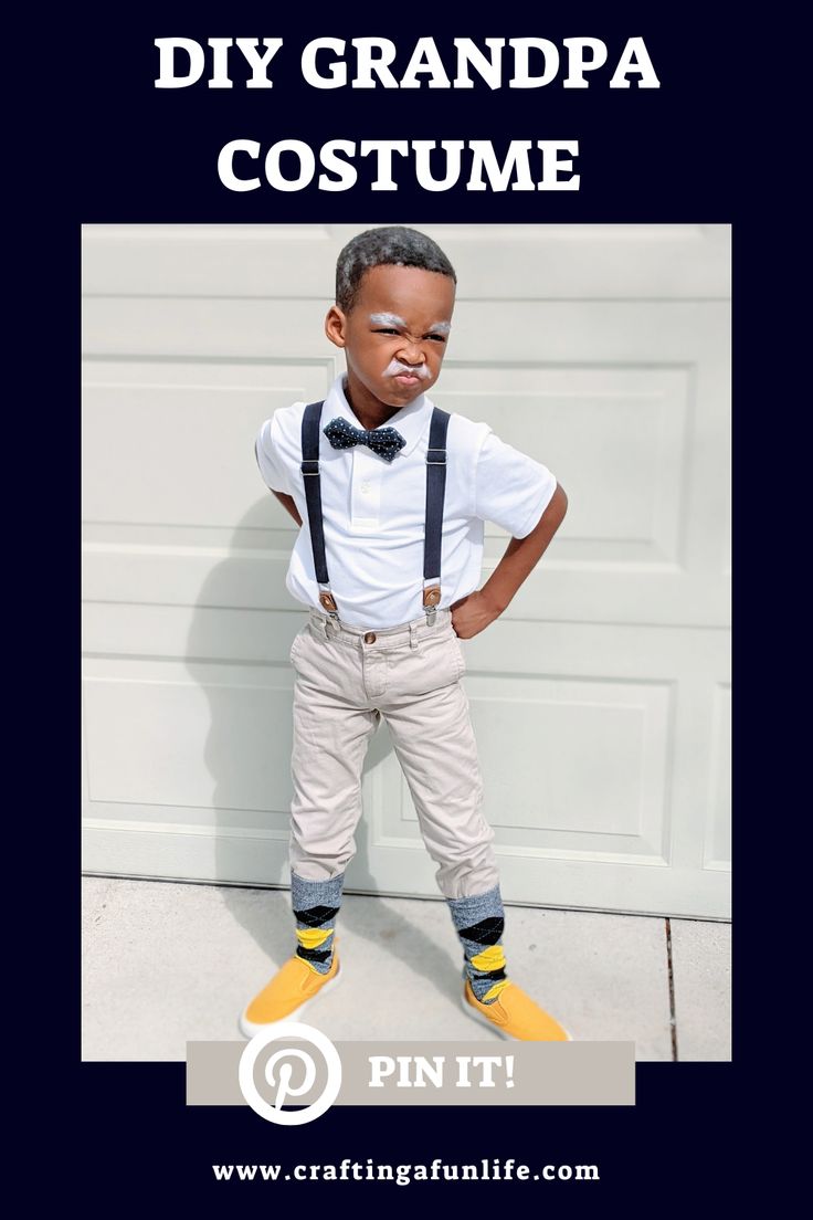 a young boy wearing suspenders and bow tie standing in front of a garage door with the words diy grandpaa costume