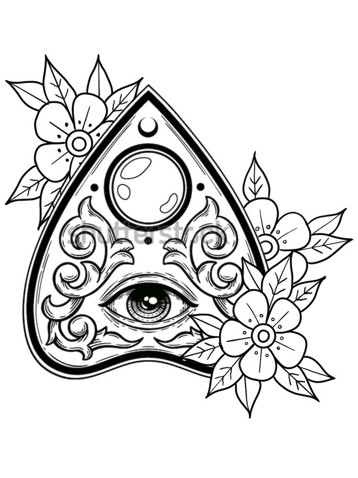 a triangle with an eye inside and flowers around the corner, in black and white