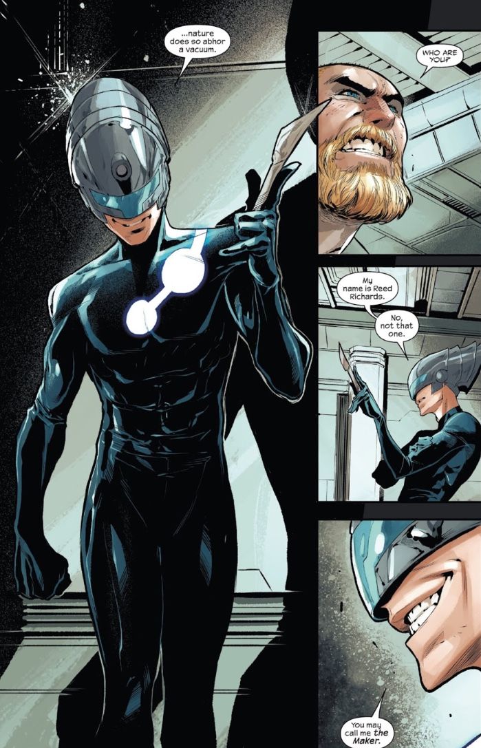 a comic page with an image of a man in a suit and helmet holding a knife