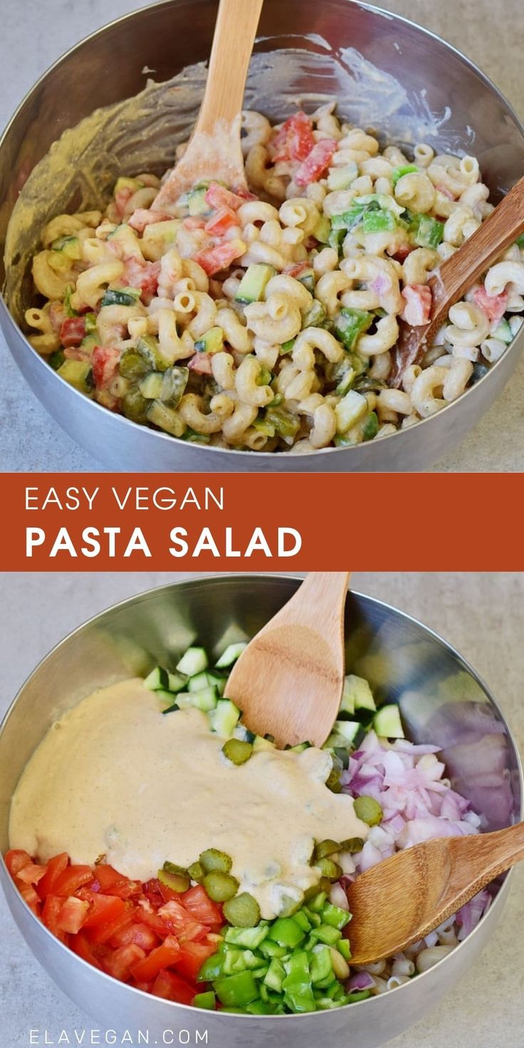 two pans filled with pasta and vegetables, one is being stirred by a wooden spoon