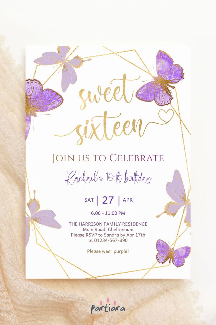 a purple and gold birthday party with butterflies