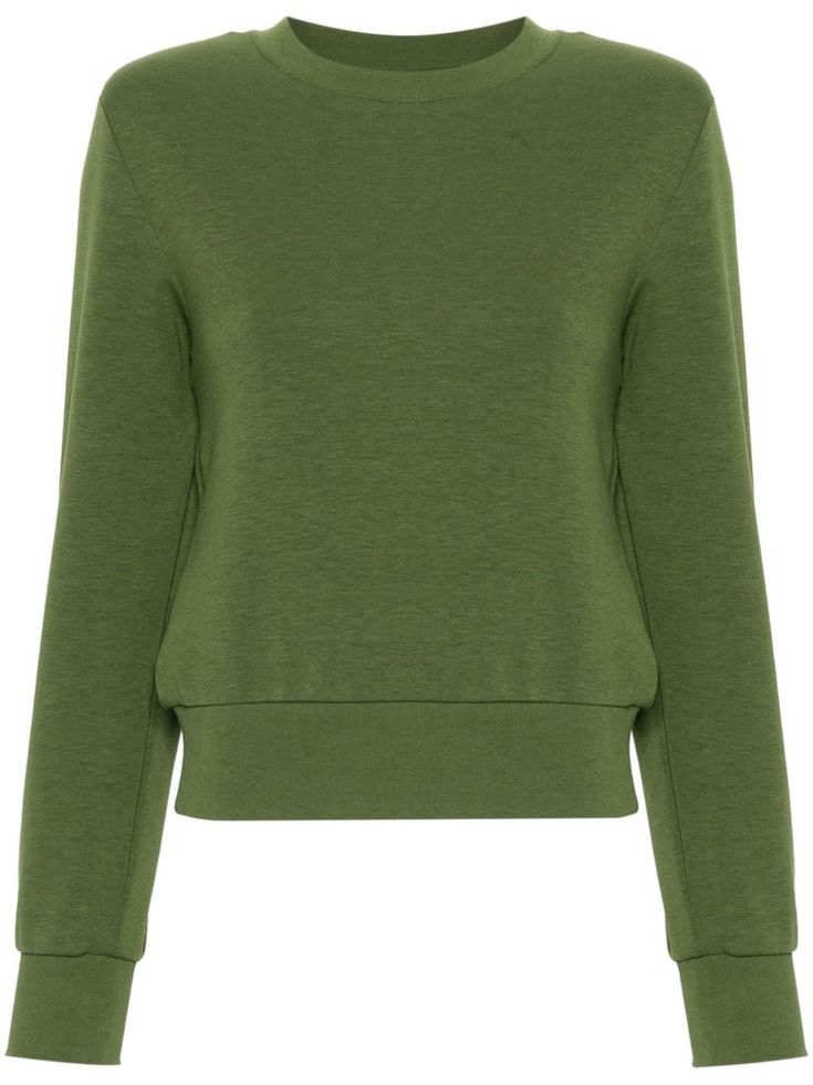 green cotton knitted construction crew neck shoulder pads long sleeves ribbed cuffs and hem signature Fly plaque to the rear opening at the back Stretch Long Sleeve Sweater With Ribbed Cuffs, Green Stretch Long Sleeve Top With Crew Neck, Fitted Green Sweater With Ribbed Cuffs, Crew Neck Cropped Sweater With Ribbed Cuffs For Fall, Spring Turtleneck Top With Ribbed Cuffs, Fitted Crew Neck Sweatshirt For Fall, Solid Funnel Neck Top With Ribbed Cuffs, Cropped Cotton Sweater With Ribbed Collar, Spring Crew Neck Top With Ribbed Cuffs