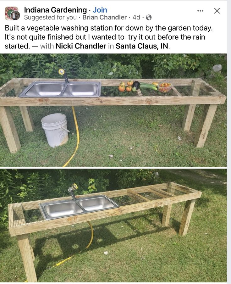 an outdoor sink made out of wooden pallets with two sinks on top and one in the middle