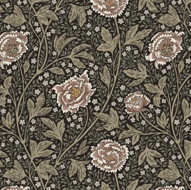 an ornate floral pattern with leaves and flowers on a black background, in shades of brown