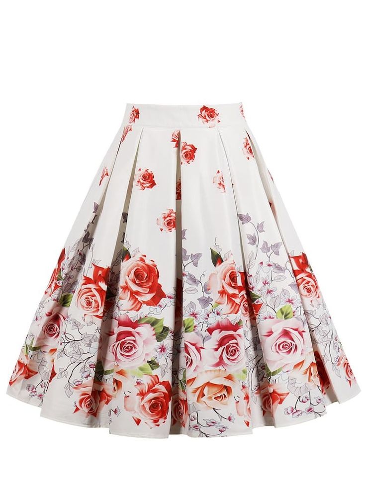 Florals Box Pleated Skirt | SHEIN Knee Length Skirts Casual, Floral Pleated Skirt, Box Pleat Skirt, Retro Skirt, Midi Flare Skirt, Fit And Flare Skirt, Printed Pleated Skirt, Vintage Skirts, Party Skirt