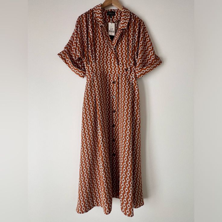 Nwt - Beautiful Shirt Dress In A Rich Camel And White Link Pattern; Fits Like A Size 4/6. I Love The Fit Of The Dress, But The Pattern Was Not For Me. My Loss Is Your Gain! Button Down Shirt Dress, Camel, The Dress, Button Down Shirt, Shirt Dress, Size 4, Midi Dress, I Love, Womens Dresses