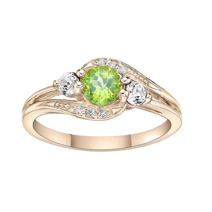 With shimmering peridot and white topaz, this ring is an accessory you'll treasure. With shimmering peridot and white topaz, this ring is an accessory you'll treasure.  Nickel free Metal: sterling silver Chain length: 18 in. Packaging: boxed Plating: 14k gold Width: 9 mm Finish: polishedSTONE DETAILS Stone type: peridot, white topaz Total weight: 1 ct. Center stone weight: 1/2 ct. Center stone size: 5 mm x 5 mm Shape: round Setting: prong Gemstones may have been treated to enhance their appearan Lime Green Peridot Ring For May Birthstone, Lime Green Peridot Birthstone Ring For May, Green Diamond Birthstone Ring With Accent Stones, Green Diamond Multi-stone Birthstone Ring, Green Diamond Birthstone Ring With Multi-stone, Peridot Birthstone Diamond Ring Fine Jewelry, Formal Peridot Birthstone Ring For May, Lime Green Peridot Birthstone Ring, Fine Jewelry Peridot Birthstone Ring With Center Stone